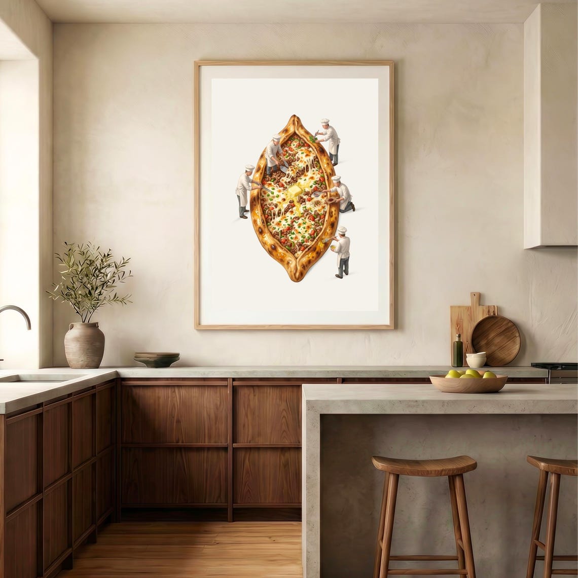 Turkish Pide with Tiny Chefs Whimsical Kitchen Food Art Poster