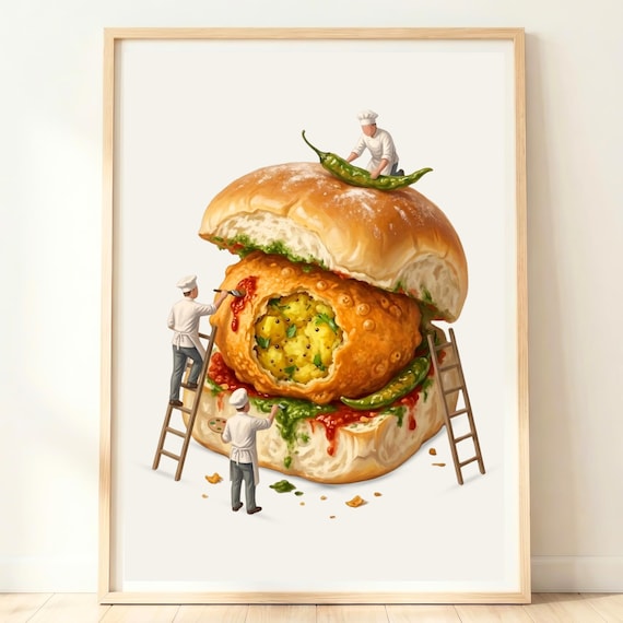 India Kitchen Wall Art Vada Pav Print Mumbai Street Food Indian Poster Maharashtra Decor Gift For Foodies