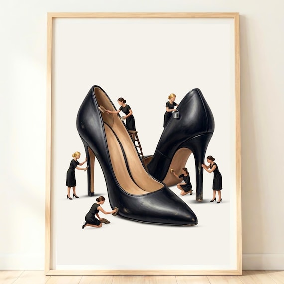 Miniature Women Polishing Giant Black Stiletto Heels Chic Poster