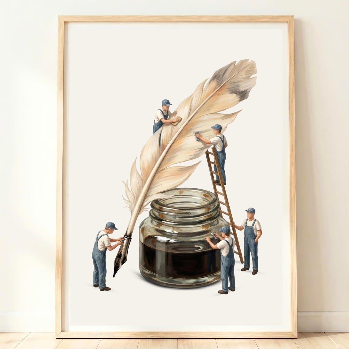 Tiny Workers Quill Pen Inkwell Whimsical Writer Desk Art Poster