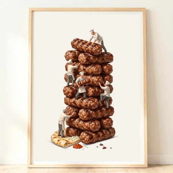 Giant Cevapi Stack With Tiny Chefs Grilling Balkan Sausages Poster