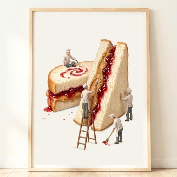 Tiny Chefs Building Giant PBJ Sandwich Whimsical Kitchen Poster