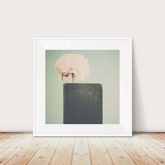 Pink Peony Flower Photograph Dark Book Minimal Still Life Poster