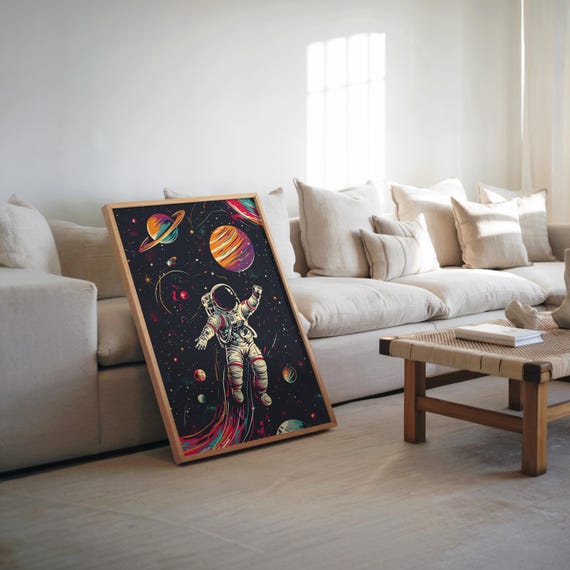 Retrofuturism Astronaut Space Vector Art Psychedelic Planets Poster Floating In Wall Decor Cosmic Exploration