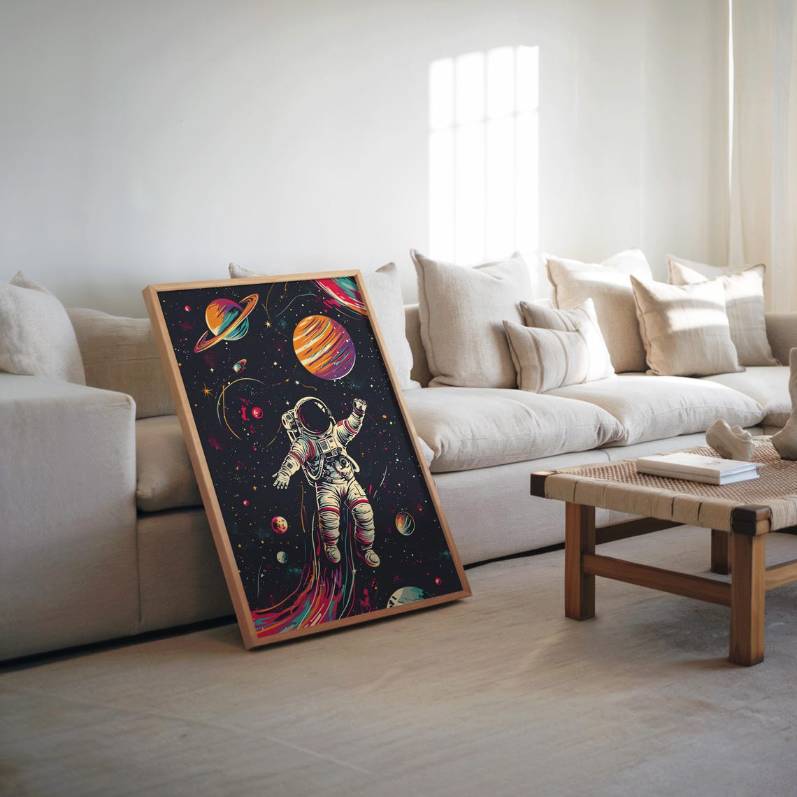 Retrofuturist Astronaut Floating in Psychedelic Space Planets Poster