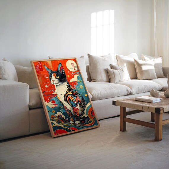 Bold Japanese Cat Ukiyo E Wave Maximalist Psychedelic Art Poster