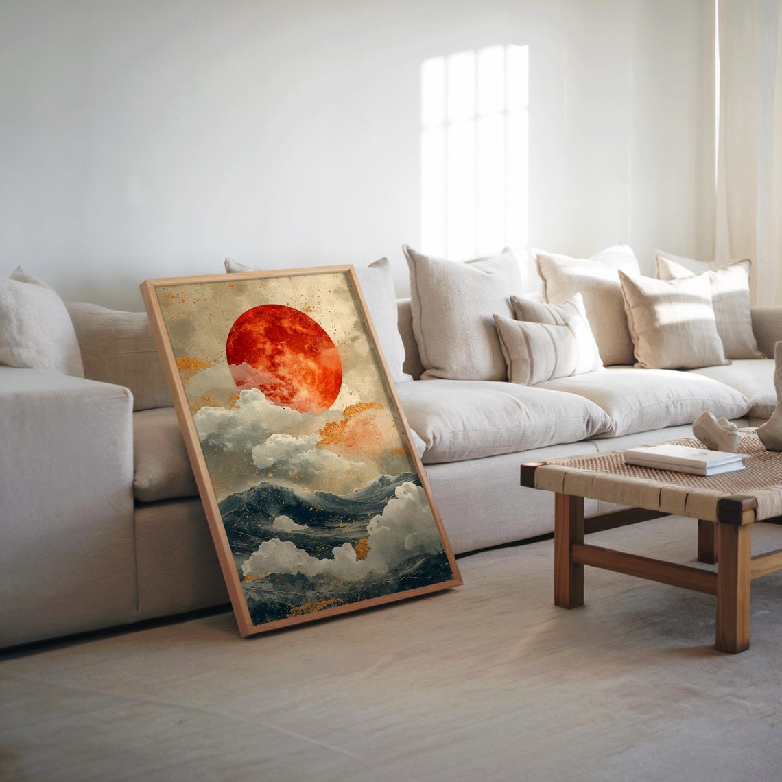 Bold Red Sun Ocean Waves Japanese Woodblock Style Art Poster
