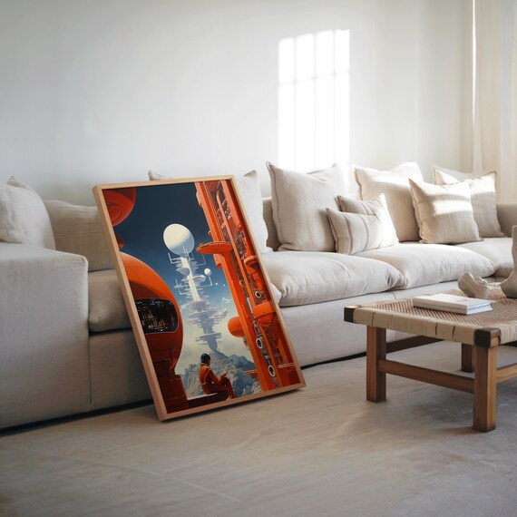 Retro Sci Fi Astronaut Gazing at Orange Space Station Poster