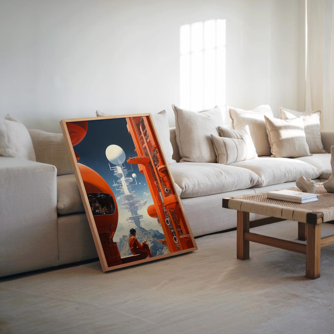 Retro Sci Fi Astronaut Gazing at Orange Space Station Poster
