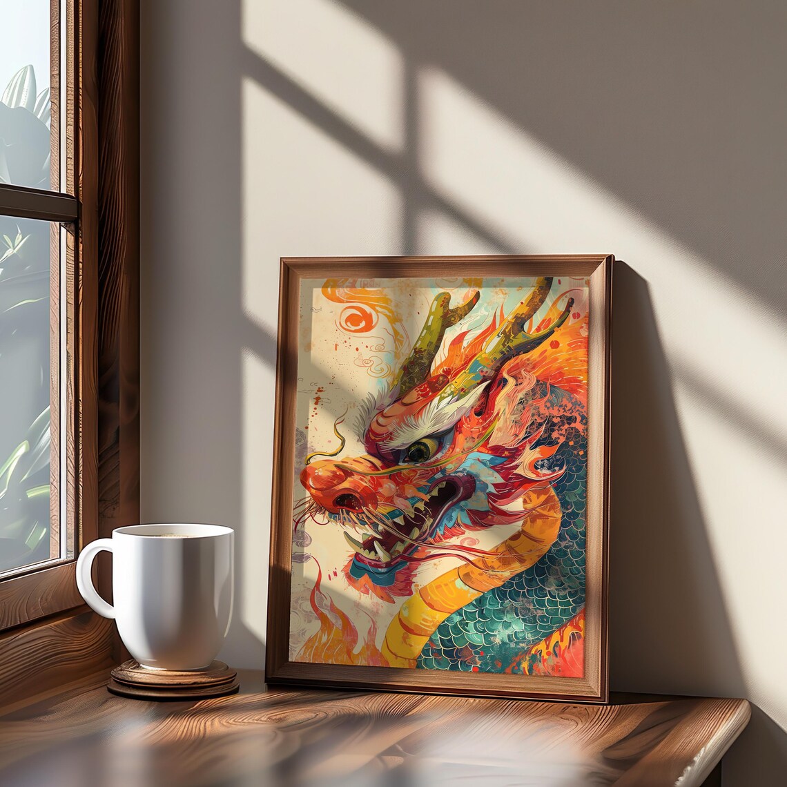 Colorful Chinese Dragon Head Fiery Warm Tones Fantasy Art Poster
