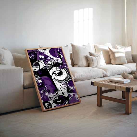 Abstract Woman Face Purple Black Maximalist Expressionist Wall Art