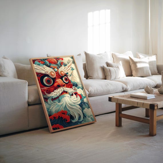 Red White Dragon Artwork Maximalist Memphis Design Vector Pixel Art Vibrant Color Scheme Detailed Cinematic Wall