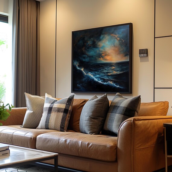 Moody Ocean Wave Sunset Dark Navy Seascape Oil Painting Art Poster