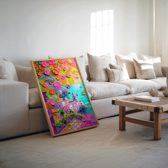 Blossom Coastal Village Impasto Oil Turquoise Sea Floral Art Poster