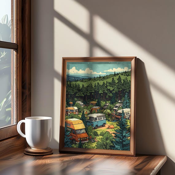 Vintage Campers In Forest Pixel Art Midcentury Modern Style Maximalist Camping Scene Poster Retro Outdoorsy Print