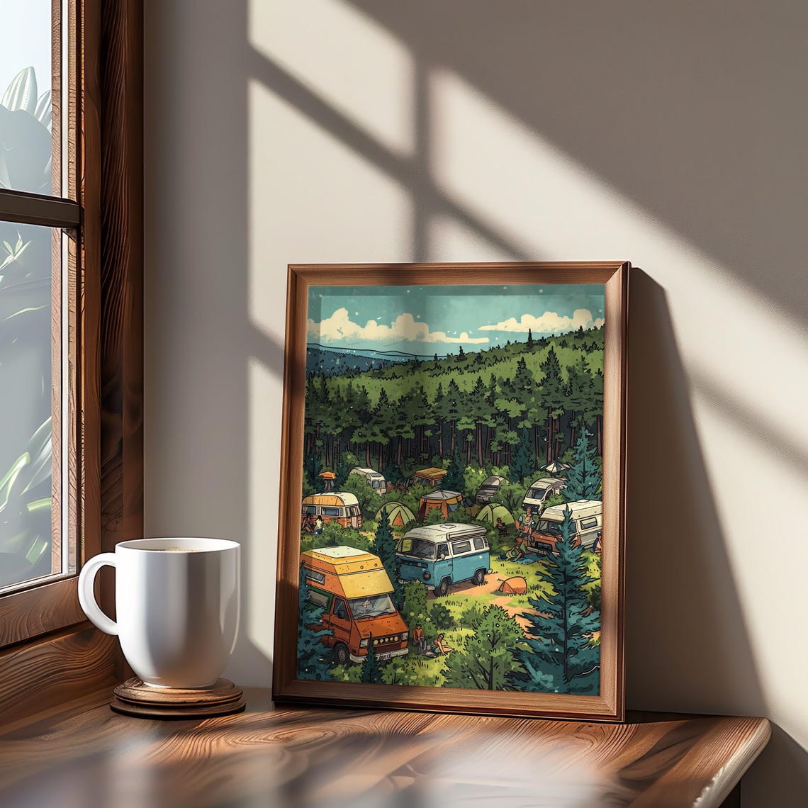 Retro Camper Vans Forest Camp Pixel Art Vintage Style Poster