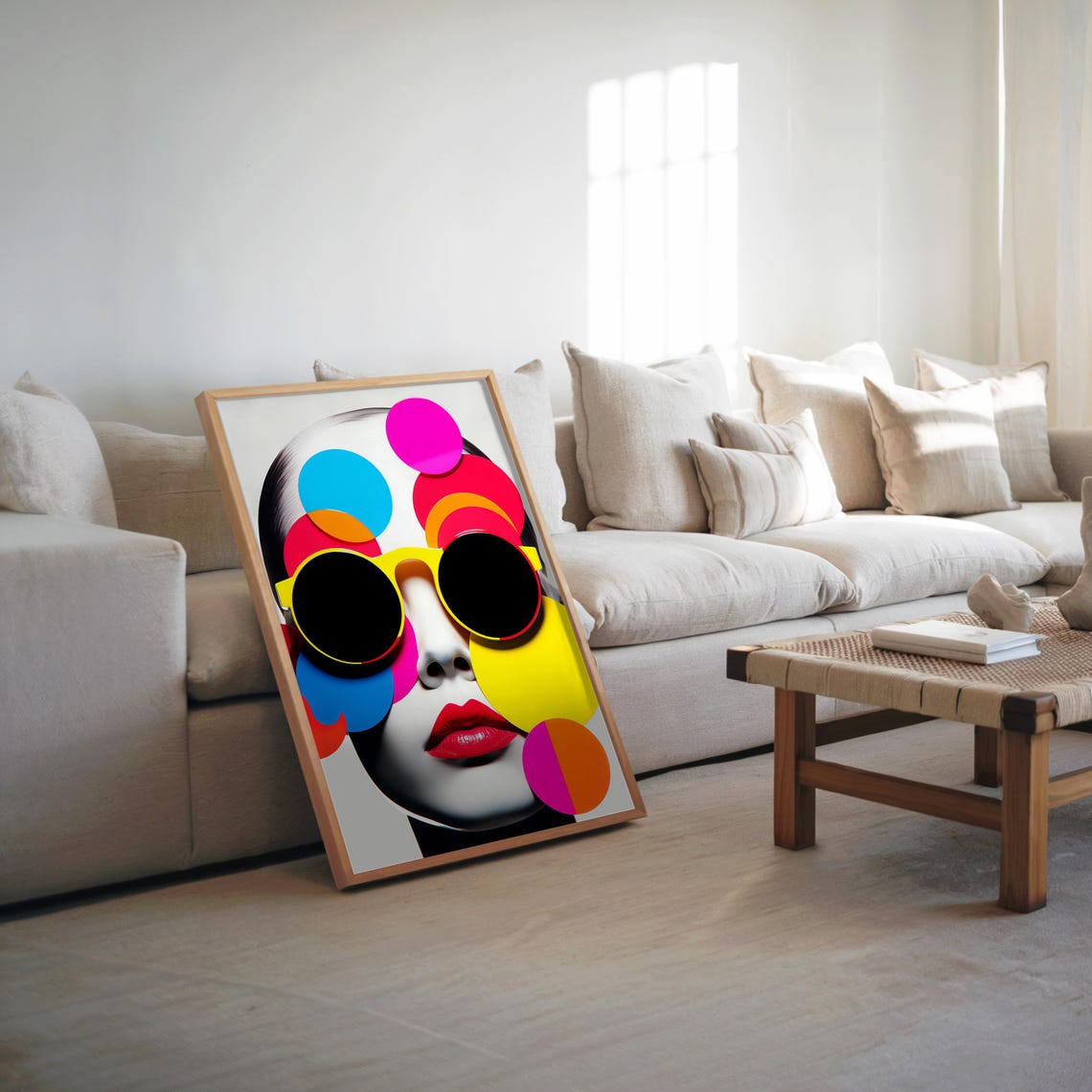 Bold Pop Art Woman Face Neon Circles Sunglasses Modern Wall Art