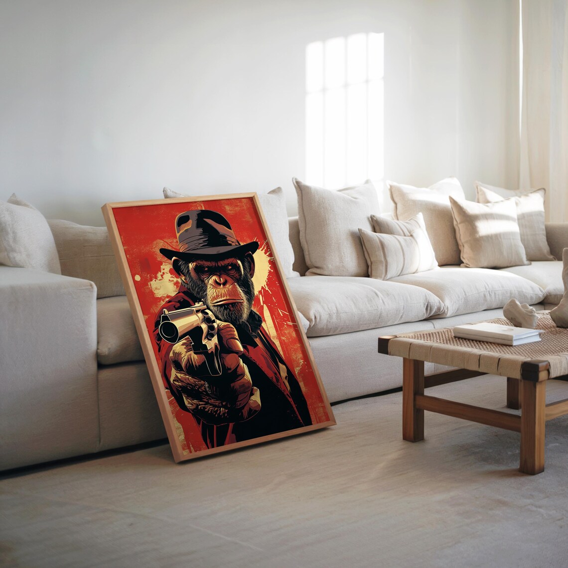 Modernist Monkey Poster Memphis Design Vector Art High Contrast Cool Tones Cinematic Gritty Wall Decor Unique