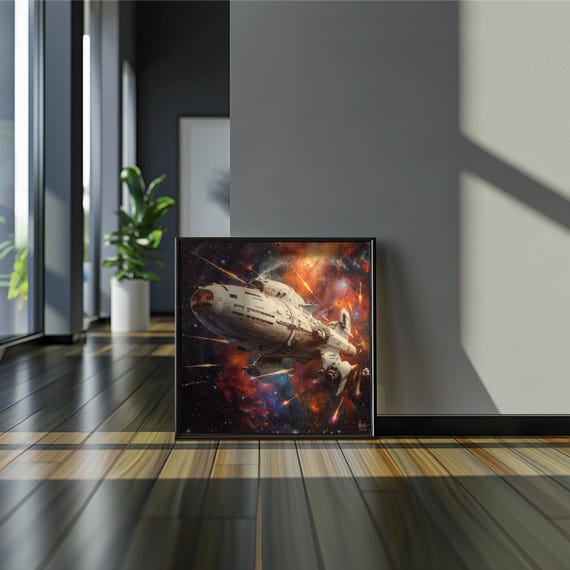 Retrofuturism Spacecraft Photorealistic Art Warm Tones Starry Cosmos Acrylic Painting Muted Color
