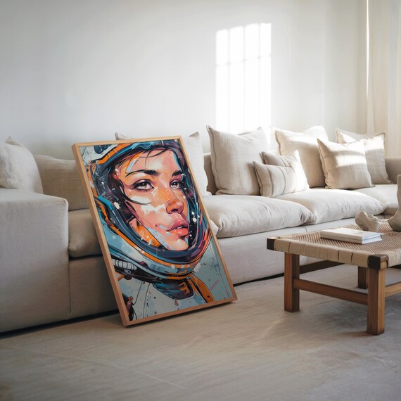 Woman Astronaut Retrofuturism Airbrush Portrait Neon Art Poster