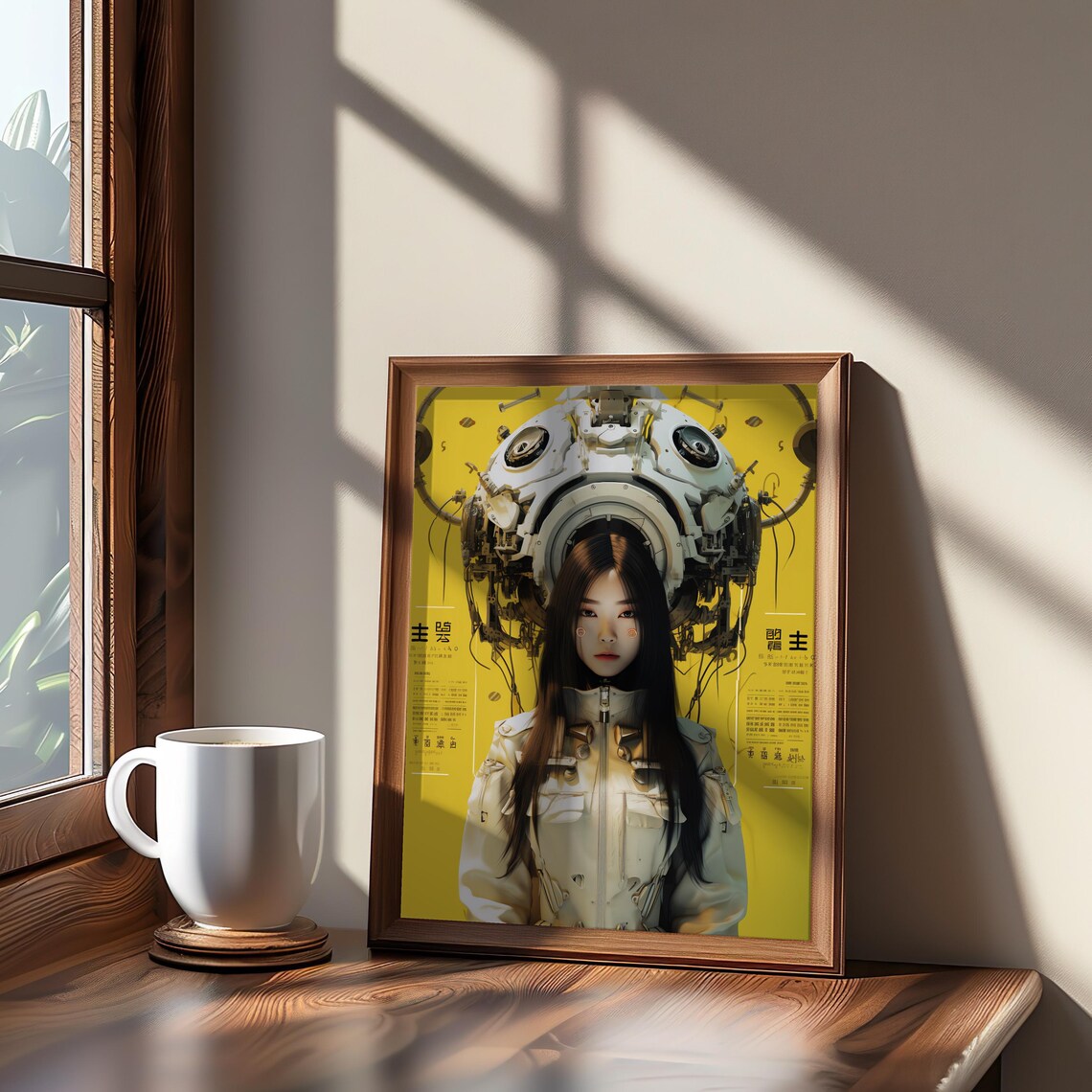 Cyberpunk Woman Helmet Poster Futuristic Sci Fi Neon Mecha Yellow Portrait