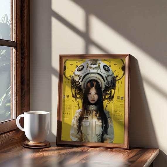 Futuristic Woman Helmet 3d Render Photo Manipulation Neon Monochrome Palette Cinematic Vibe Unique Wall Art Home Decor