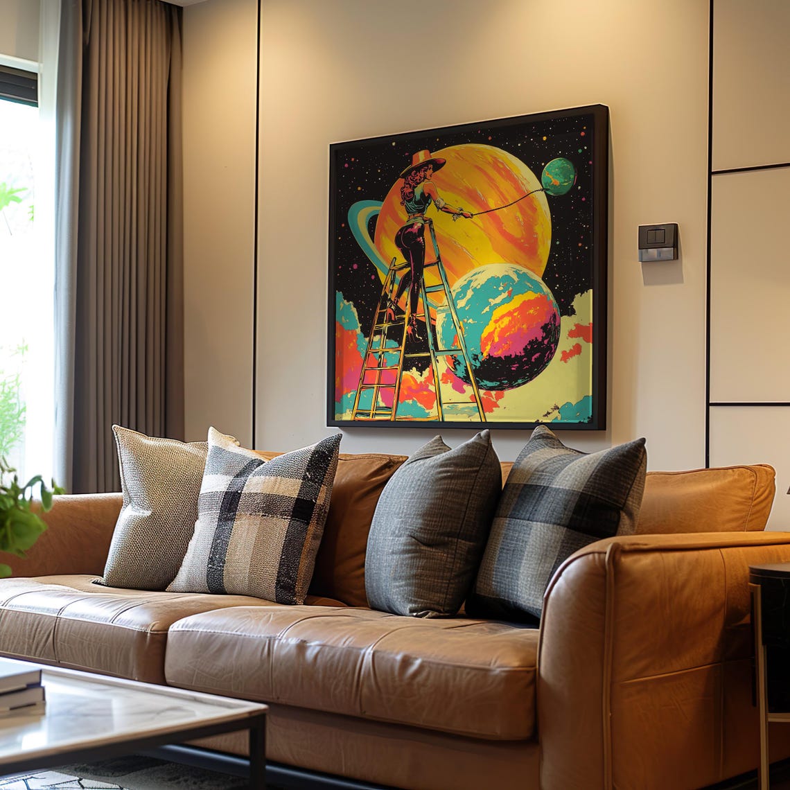 Woman Lassoing Planet Psychedelic Retrofuturist Neon Space Art Poster
