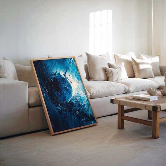 Blue Ocean Ball Abstract Art Poster Expressionist Impressionist Style Acrylic Oil Painting Cool Tones Vibrant Colors Glossy