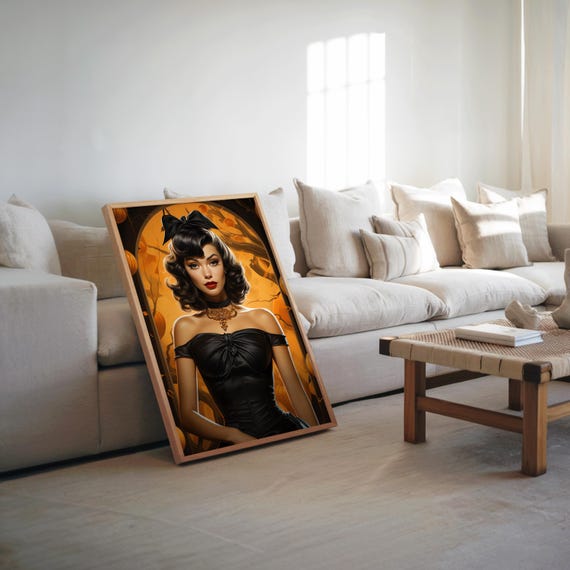 Art Deco Steampunk Lady With Pumpkins Painting Warm Tones Muted Colors Unique Illustration High Vibe
