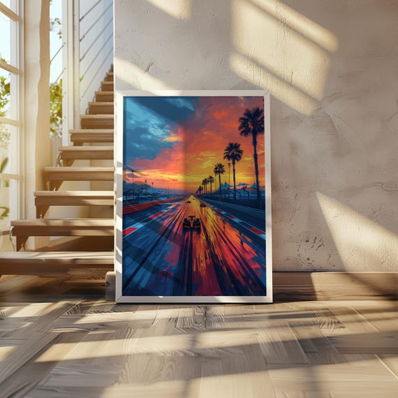 Retrofuturism Race Car Track Palm Tree Impressionism Vibrant Neon Pixel Art Oil Painting Poster Cinematic 20 X 28