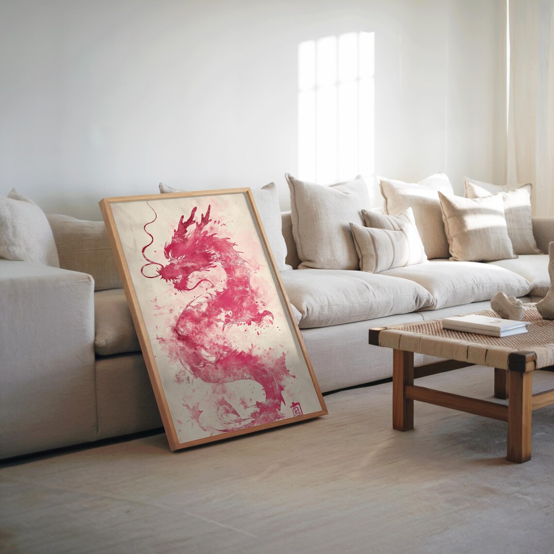 Pink Watercolor Chinese Dragon Ink Splash Mythical Fantasy Art Poster