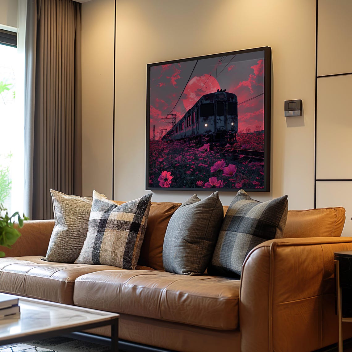 Vaporwave Train Field Pink Flowers Retro Red Moon Anime Art Poster