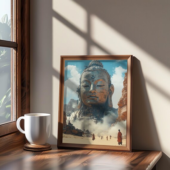 Steampunk Buddha Poster 3d Rendered Art Warm Tones Unique Style Desert Scene Spiritual Wall Decor People W