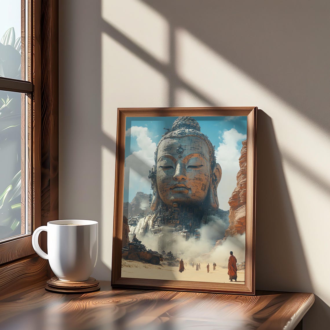 Steampunk Buddha Poster 3d Rendered Art Warm Tones Unique Style Desert Scene Spiritual Wall Decor People W