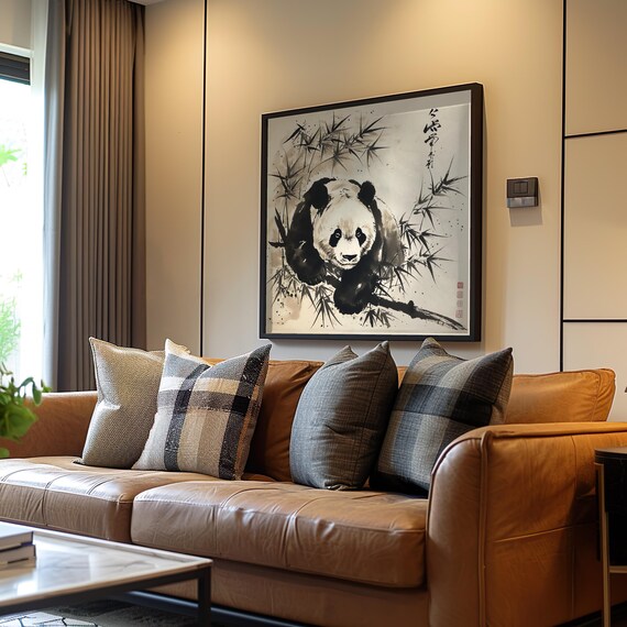 Photorealistic Panda Tree Branch Ink Drawing Watercolor Poster Monochrome Palette Maximalist Art Deco Vibe