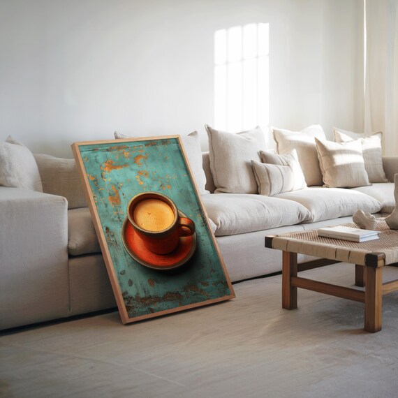Rustic Coffee Cup Top View Turquoise Wood Kitchen Cafe Art Print
