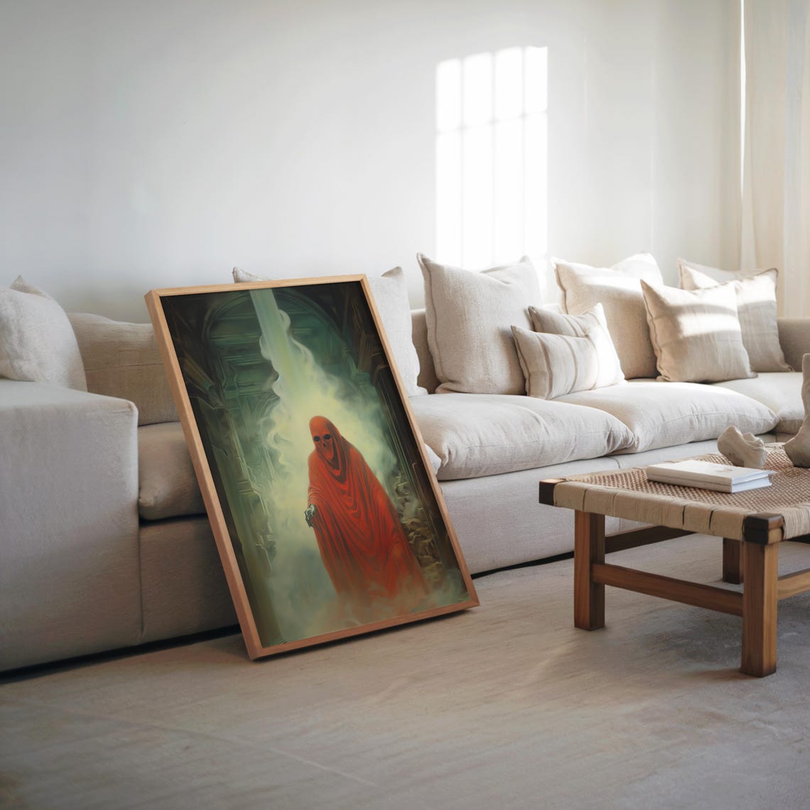 Red Robe Skeletal Figure Surreal Gothic Dark Oil Painting Poster