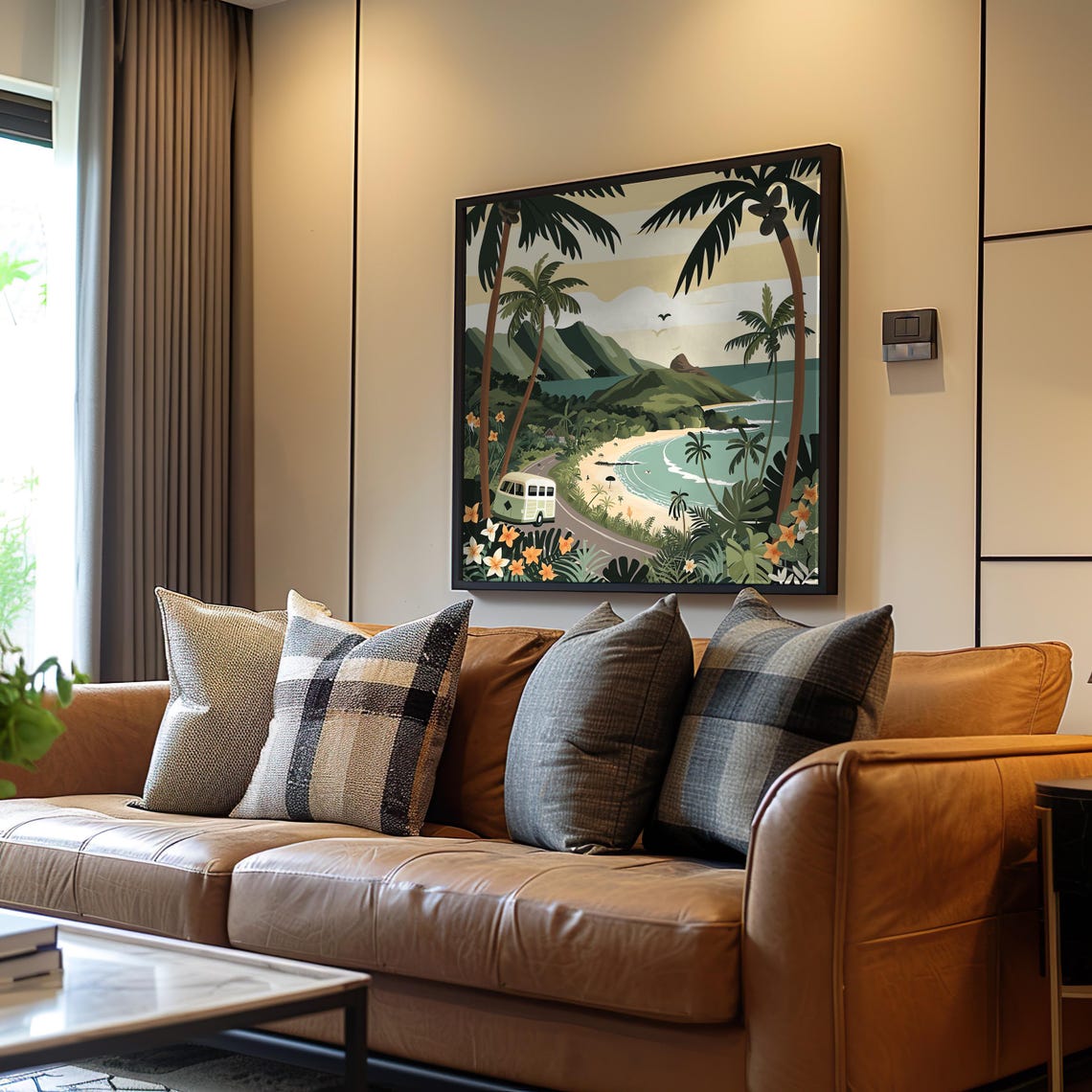 Beach Van Palm Trees Tropical Bay Midcentury Retro Coastal Art Poster