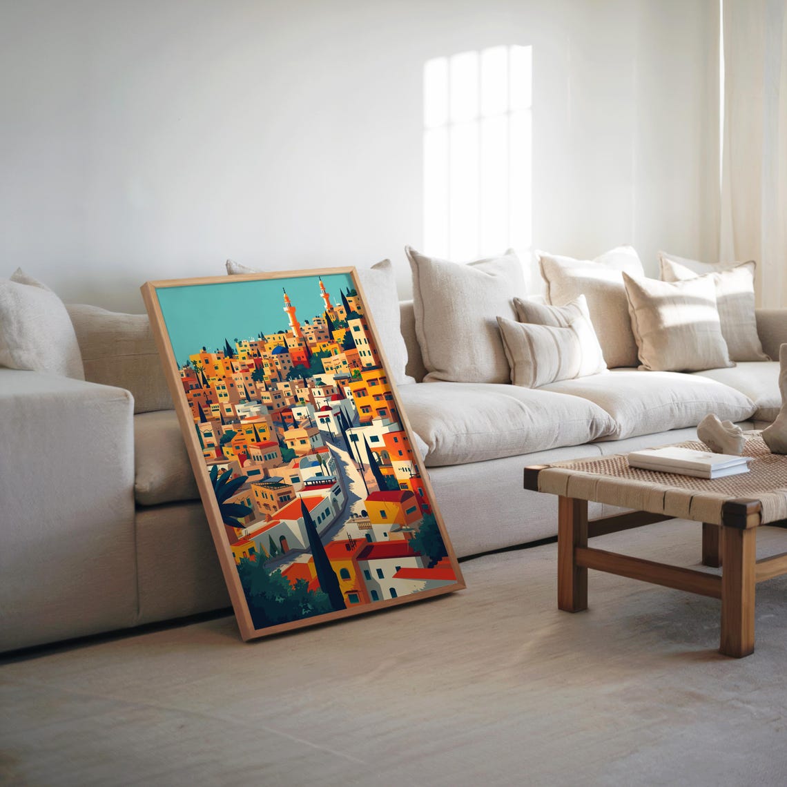 City Train Hill View Modernism Midcentury Art Pixel Vector Vibrant Warm Tones Highly Detailed Print Poster
