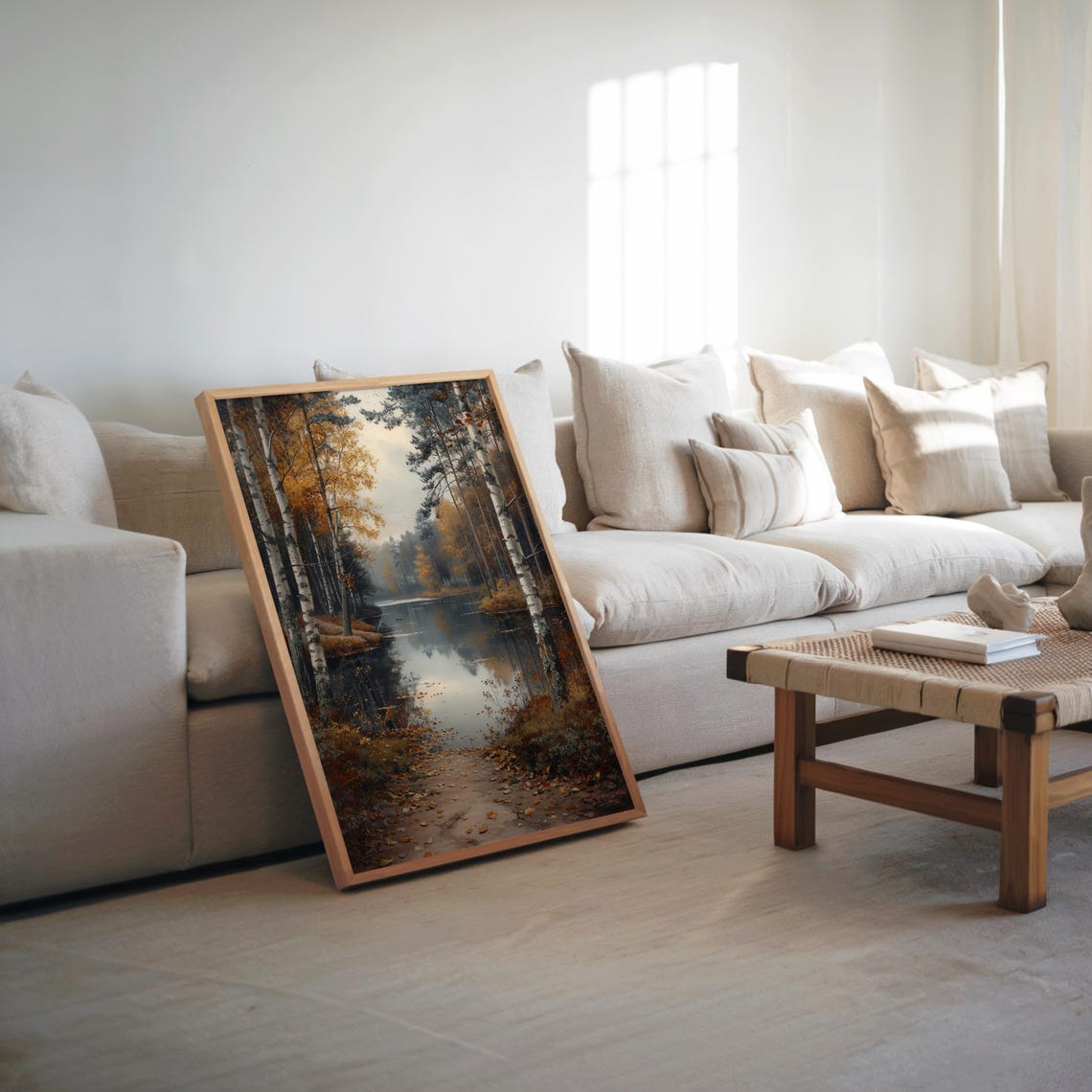 Impressionist Forest River Birch Trees Autumn Landscape Poster