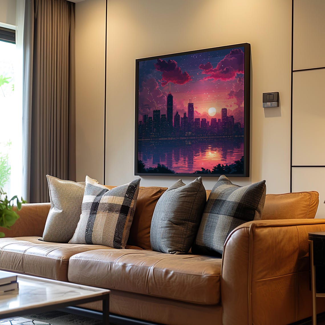 Lofi Sunset Cityscape Pixel Art Magenta Dusk Skyline Wall Poster