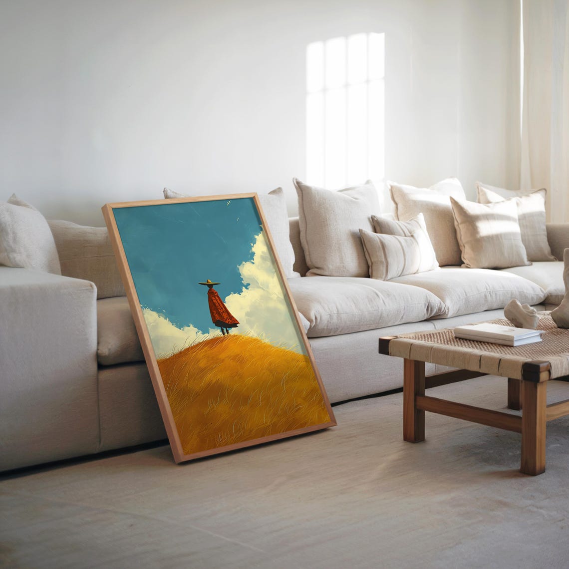 Midcentury Lone Traveler On Golden Hill Under Blue Sky Poster