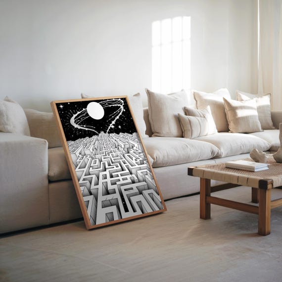 Psychedelic Surrealism Maze Star Sky Art Ink Drawing 3d Render Black White Detail Noisy Text