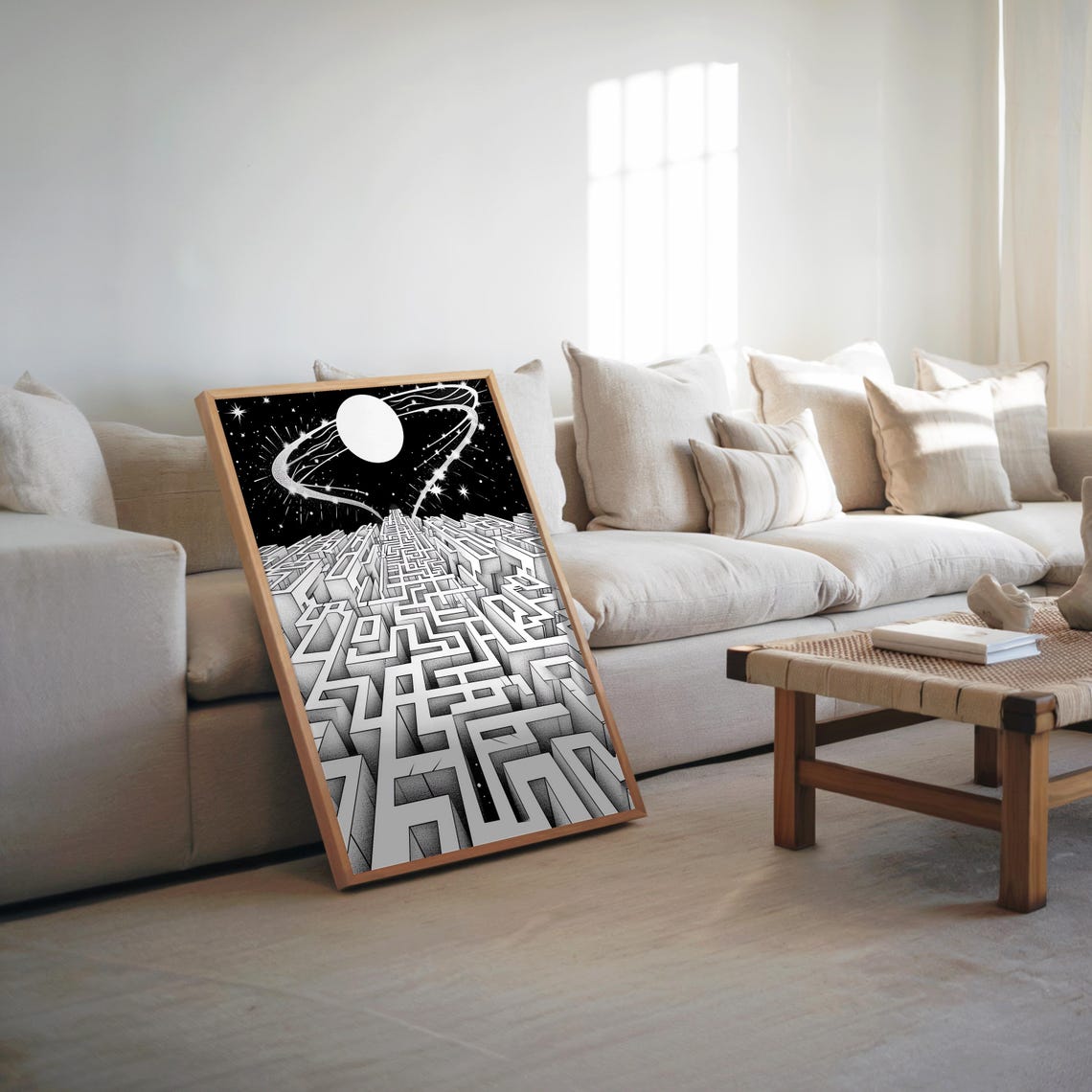 Black White Labyrinth Maze Starry Night Sky Abstract Art Poster