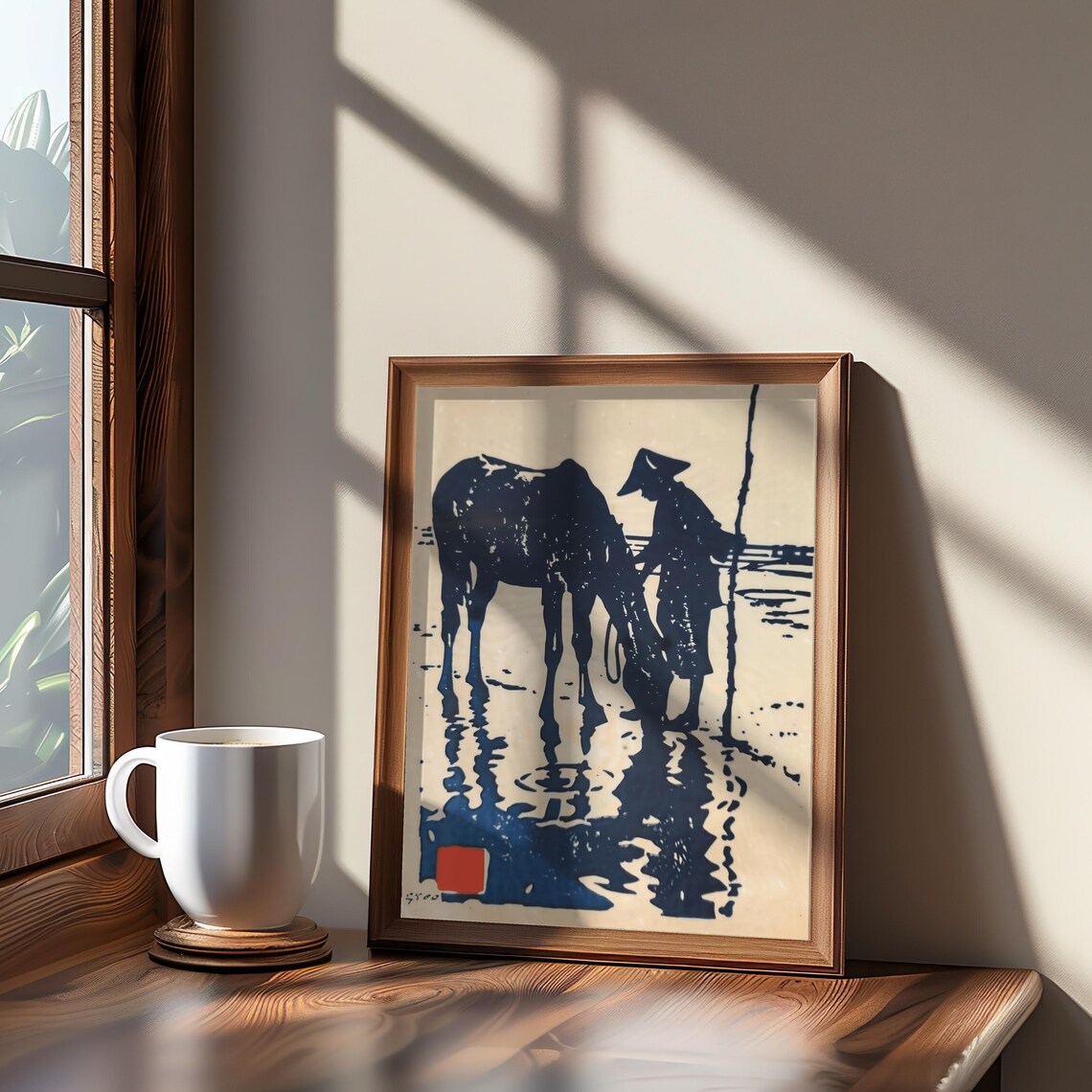 Man And Horse Silhouette In Water Vintage Sepia Scene Art Poster