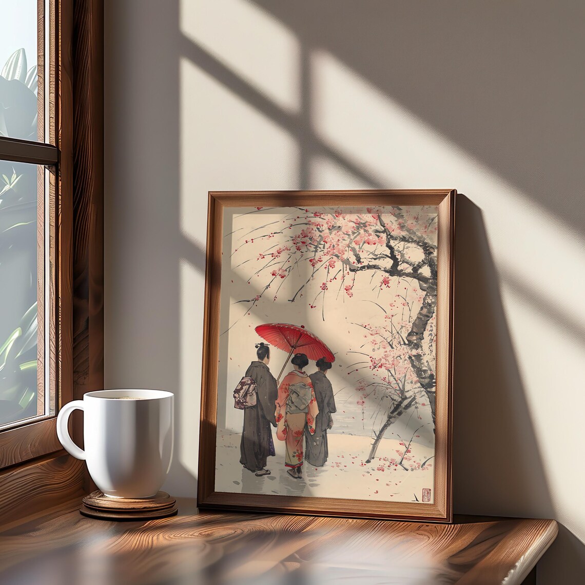Cherry Blossom Women Under Red Umbrella Japanese Style Art Poster