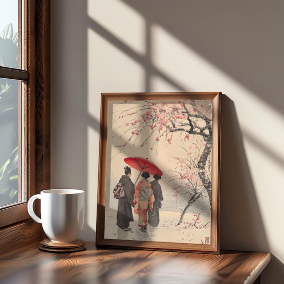 Cherry Blossom Impressionism Poster Women Under Tree Red Umbrella Watercolor Gouache Artwork Palette P 108