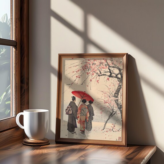 Cherry Blossom Women Under Red Umbrella Japanese Style Art Poster