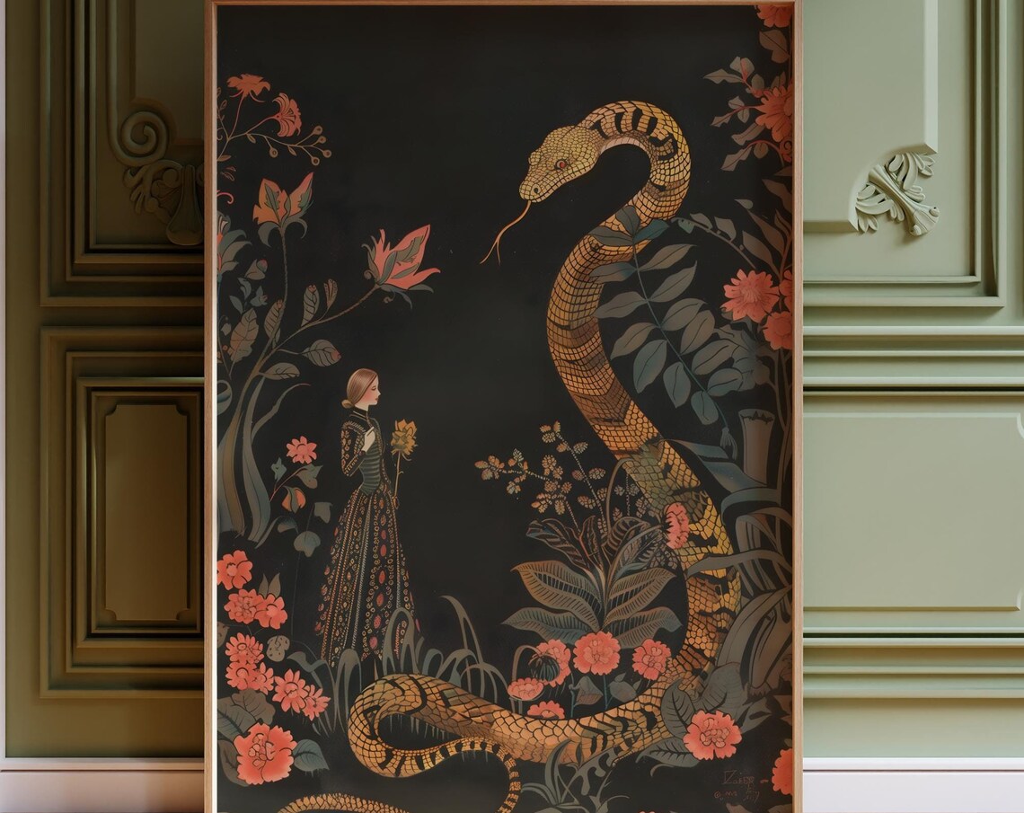 Golden Serpent And Lady Dark Jungle Floral Illustration Poster - Image 4