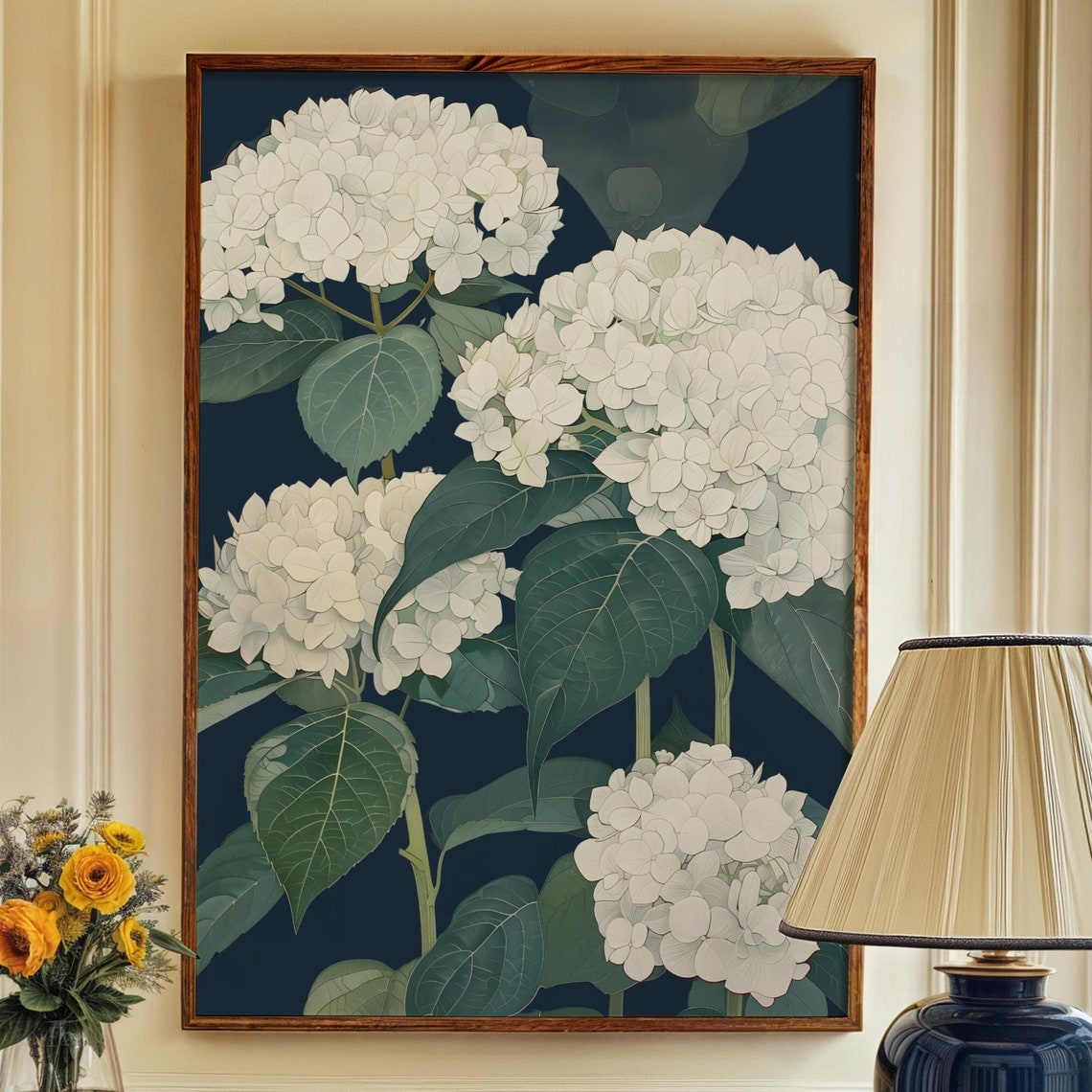 White Hydrangea Navy Botanical Vintage Floral Wall Art Decor - Image 4